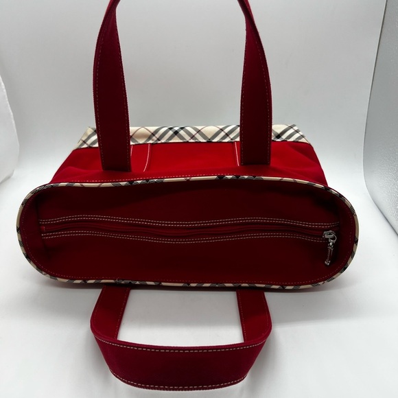 Burberry Red Canvas Tote with Plaid Accents and Top Zipper - Picture 15 of 16